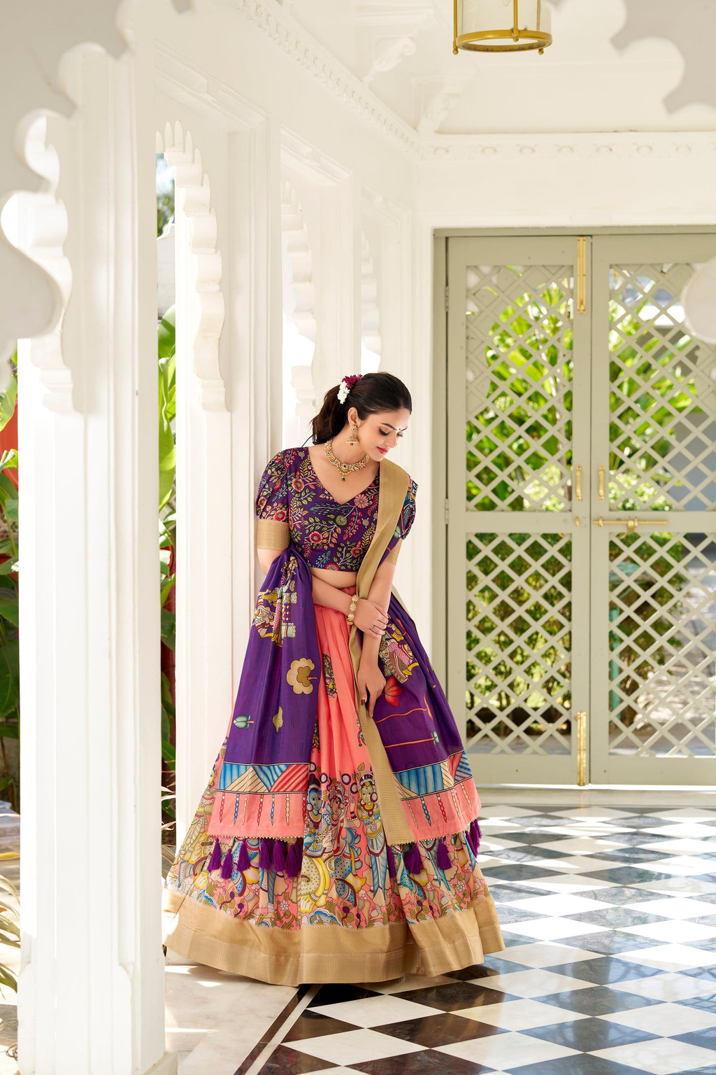 Lorenvalley Peach Dola Silk Kalamkari Print With Weaving Border Lehenga Choli | Grocsy