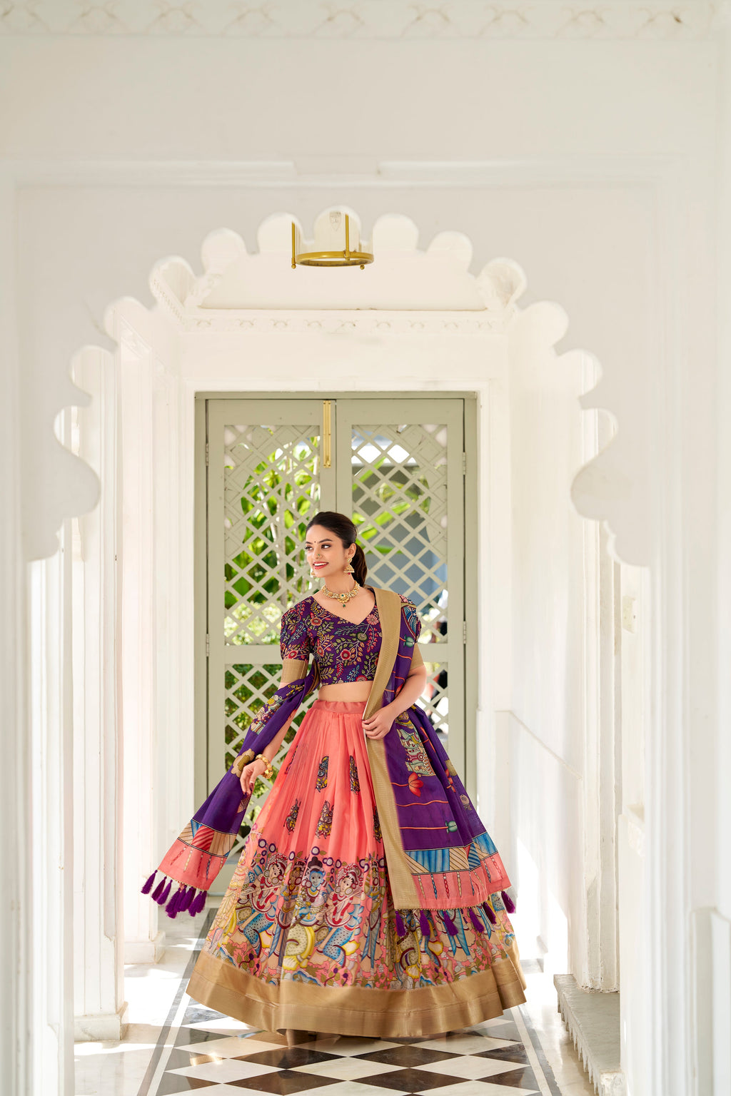 Lorenvalley Peach Dola Silk Kalamkari Print With Weaving Border Lehenga Choli | Grocsy
