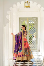 Lorenvalley Peach Dola Silk Kalamkari Print With Weaving Border Lehenga Choli | Grocsy