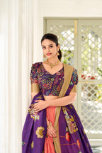 Lorenvalley Peach Dola Silk Kalamkari Print With Weaving Border Lehenga Choli | Grocsy