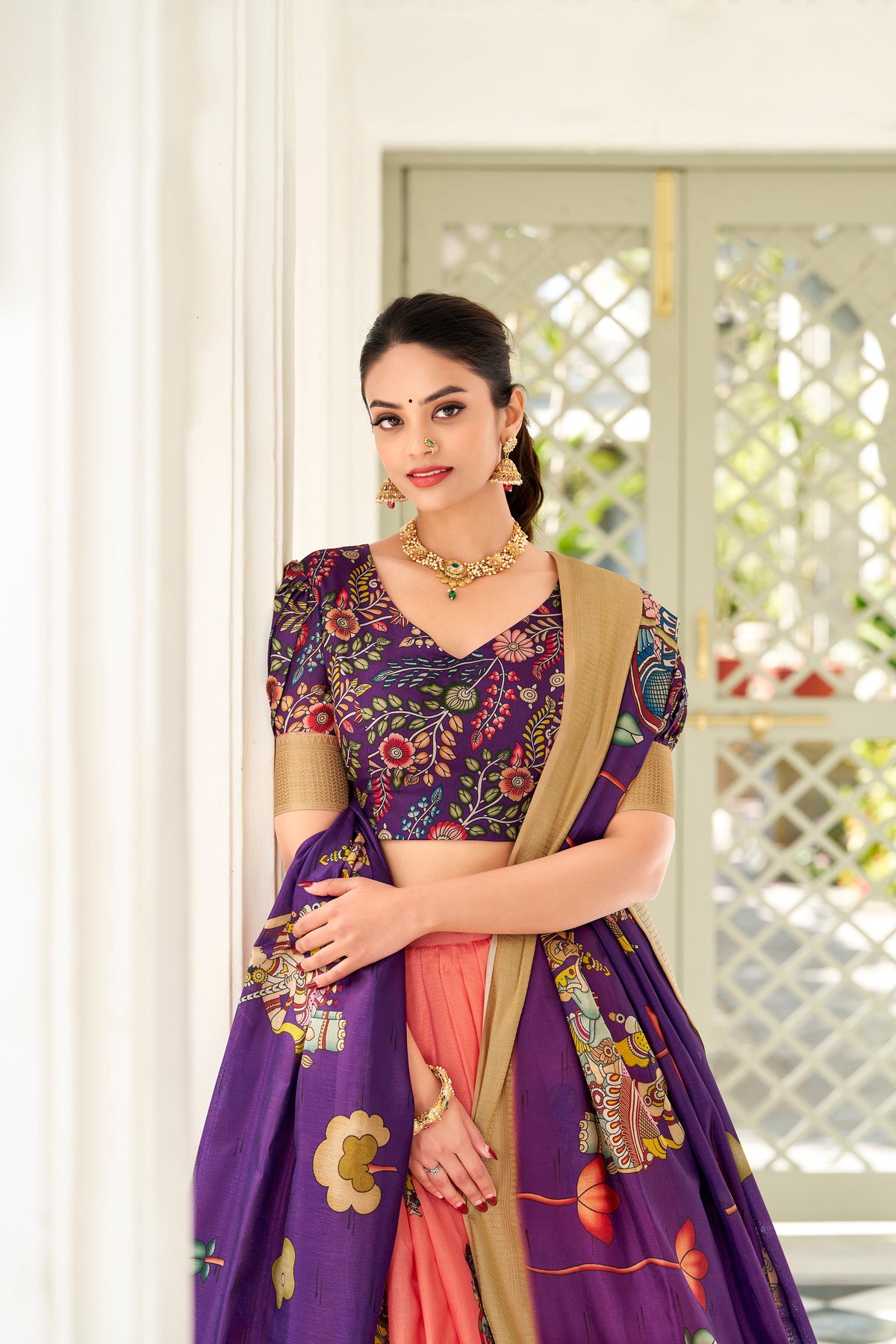 Lorenvalley Peach Dola Silk Kalamkari Print With Weaving Border Lehenga Choli | Grocsy