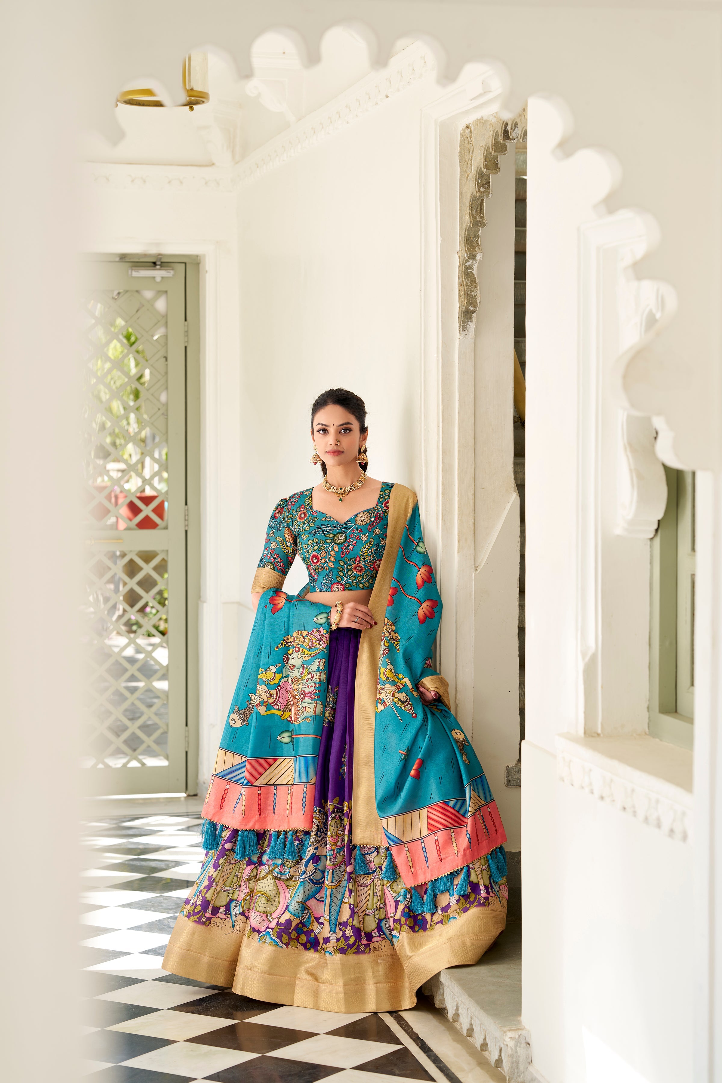 Lorenvalley Purple Dola Silk Kalamkari Print With Weaving Border Lehenga Choli | Grocsy