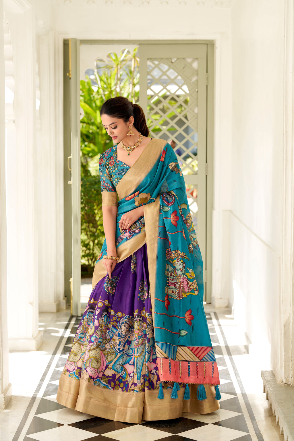 Lorenvalley Purple Dola Silk Kalamkari Print With Weaving Border Lehenga Choli | Grocsy