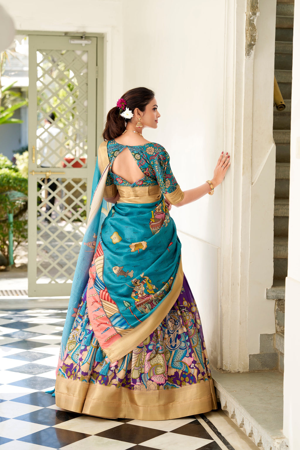 Lorenvalley Purple Dola Silk Kalamkari Print With Weaving Border Lehenga Choli | Grocsy