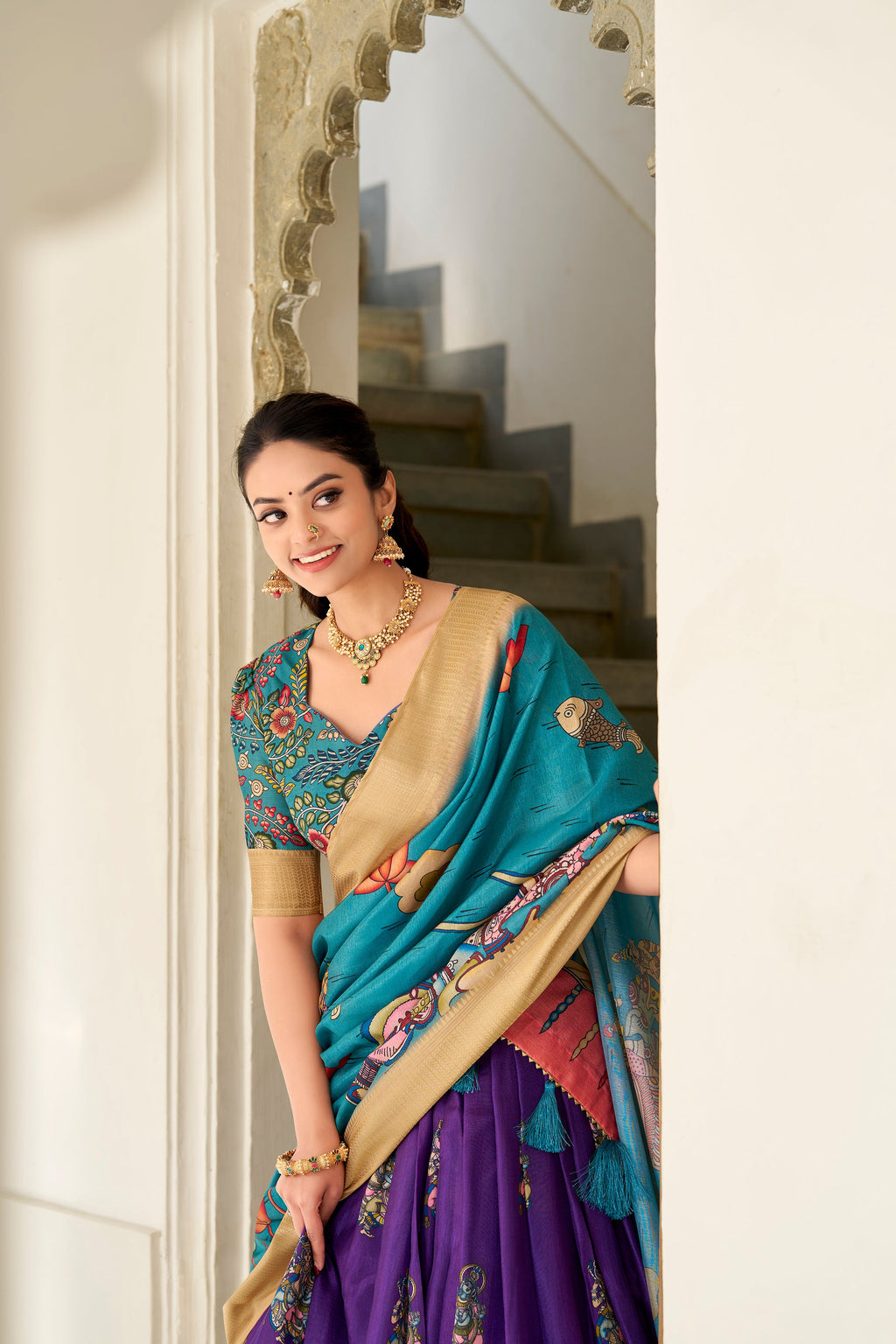 Lorenvalley Purple Dola Silk Kalamkari Print With Weaving Border Lehenga Choli | Grocsy