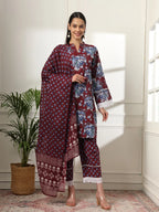 Yufta Maroon Pakistani Cotton Kurta Dupatta Set | Grocsy