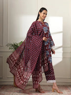 Yufta Maroon Pakistani Cotton Kurta Dupatta Set | Grocsy