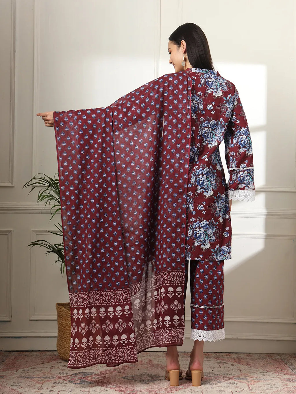 Yufta Maroon Pakistani Cotton Kurta Dupatta Set | Grocsy