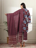 Yufta Maroon Pakistani Cotton Kurta Dupatta Set | Grocsy