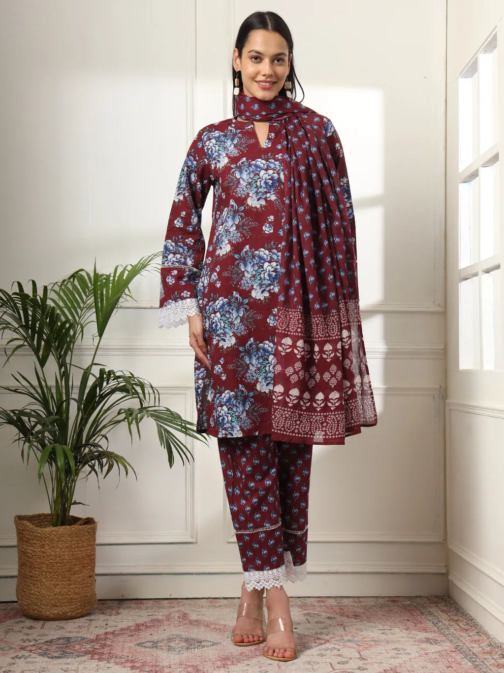 Yufta Maroon Pakistani Cotton Kurta Dupatta Set | Grocsy