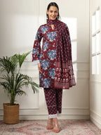 Yufta Maroon Pakistani Cotton Kurta Dupatta Set | Grocsy