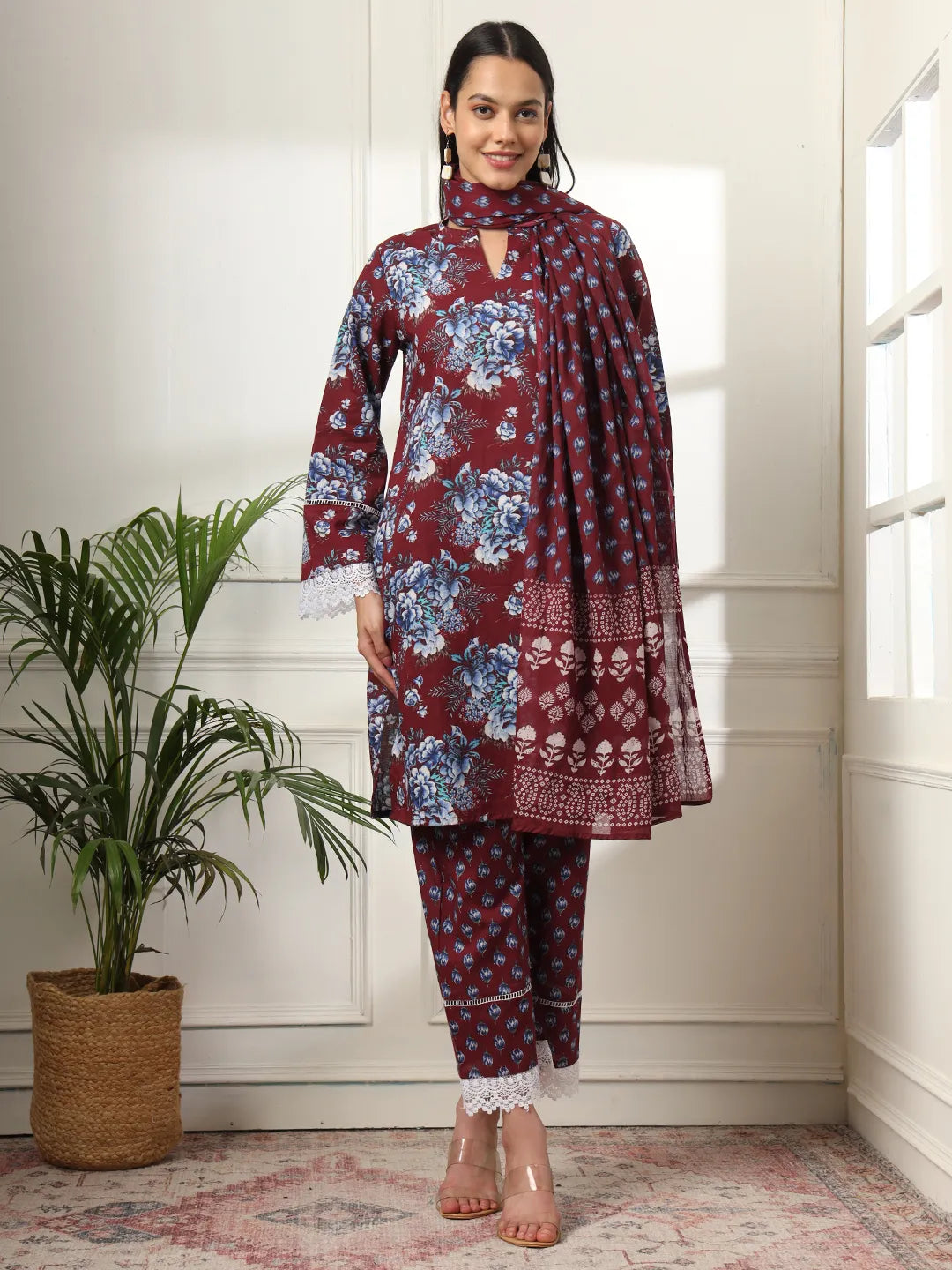 Yufta Maroon Pakistani Cotton Kurta Dupatta Set | Grocsy