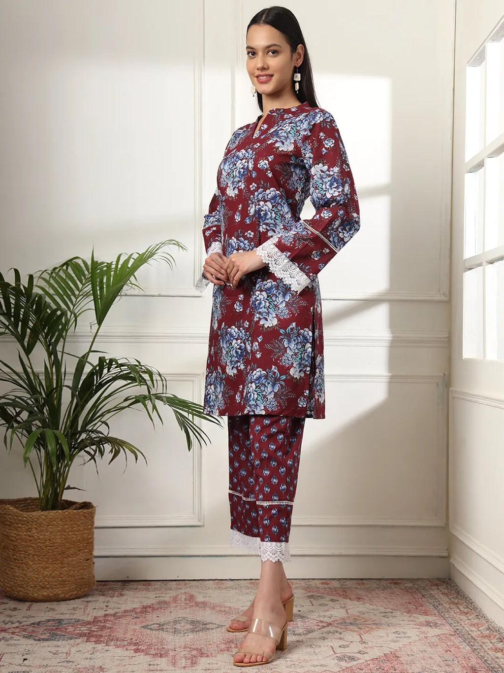 Yufta Maroon Pakistani Cotton Kurta Dupatta Set | Grocsy