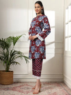 Yufta Maroon Pakistani Cotton Kurta Dupatta Set | Grocsy