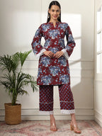 Yufta Maroon Pakistani Cotton Kurta Dupatta Set | Grocsy
