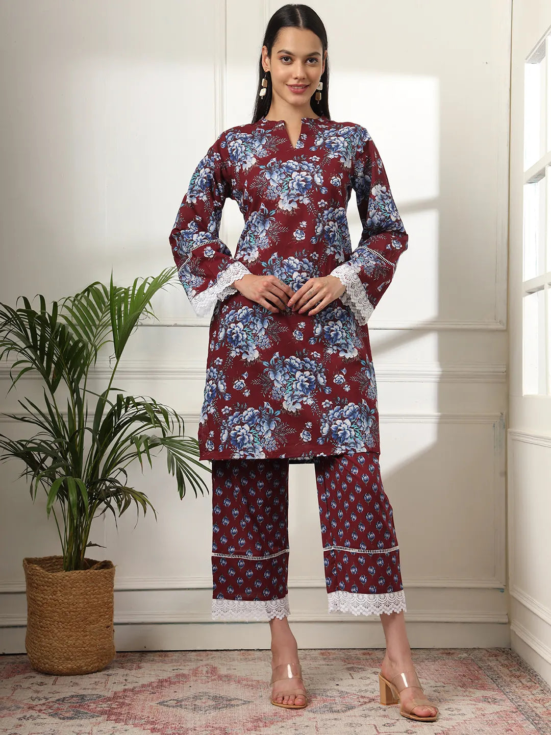 Yufta Maroon Pakistani Cotton Kurta Dupatta Set | Grocsy