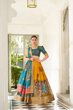 Lorenvalley Yellow Dola Silk Kalamkari Print With Weaving Border Lehenga Choli | Grocsy