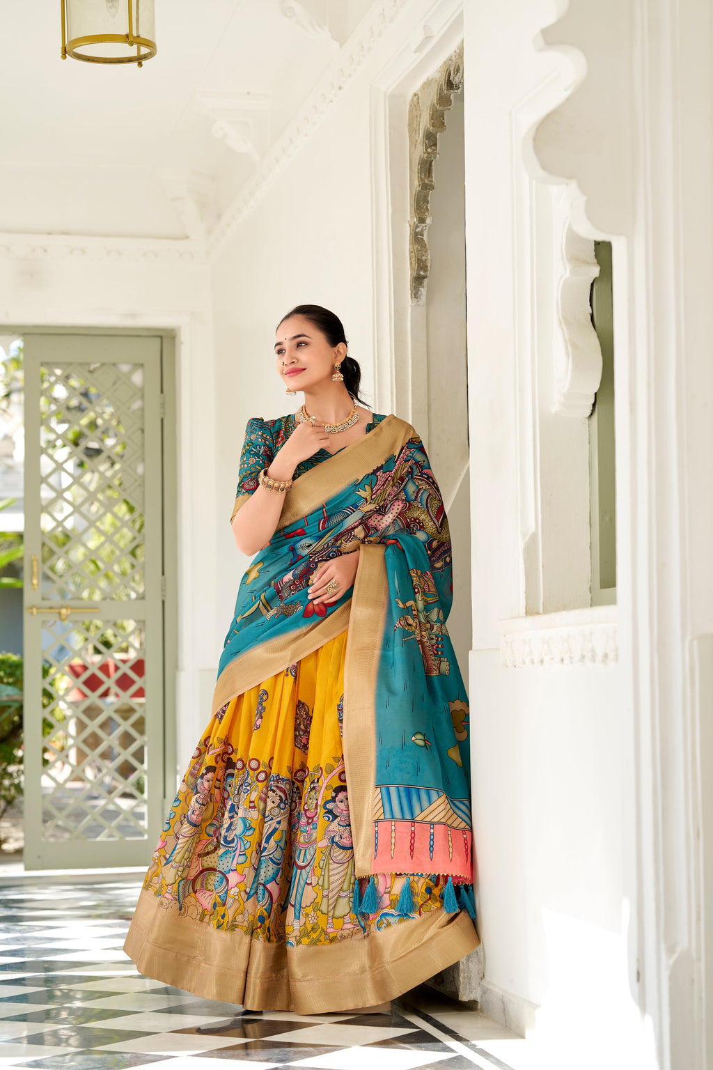 Lorenvalley Yellow Dola Silk Kalamkari Print With Weaving Border Lehenga Choli | Grocsy