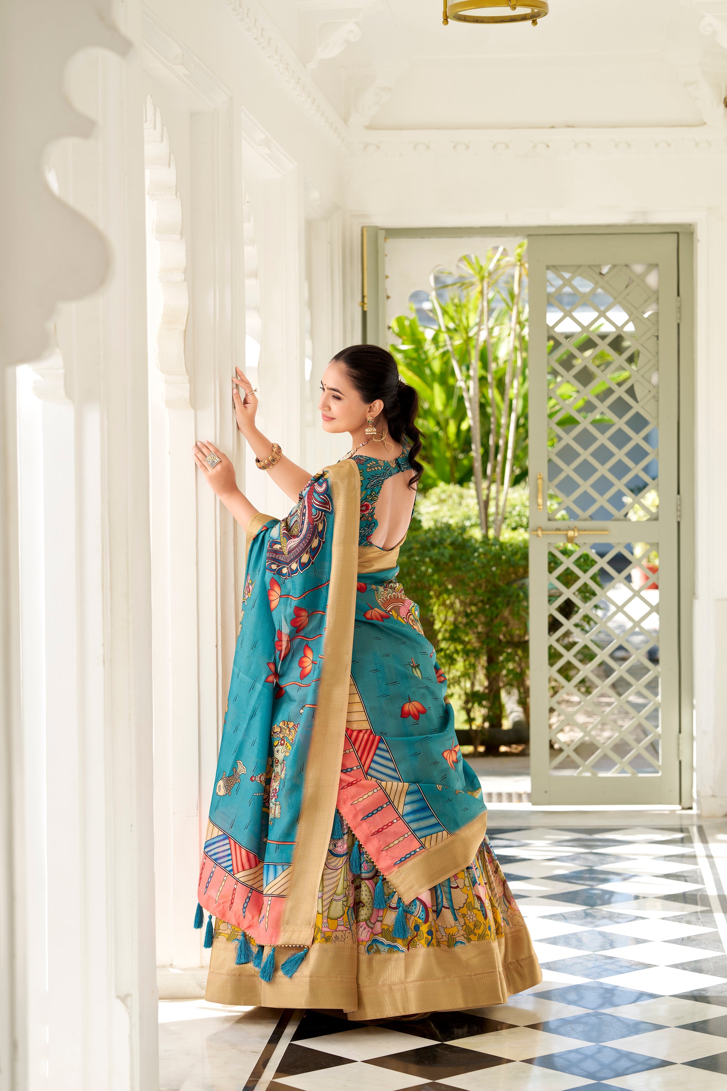 Lorenvalley Yellow Dola Silk Kalamkari Print With Weaving Border Lehenga Choli | Grocsy