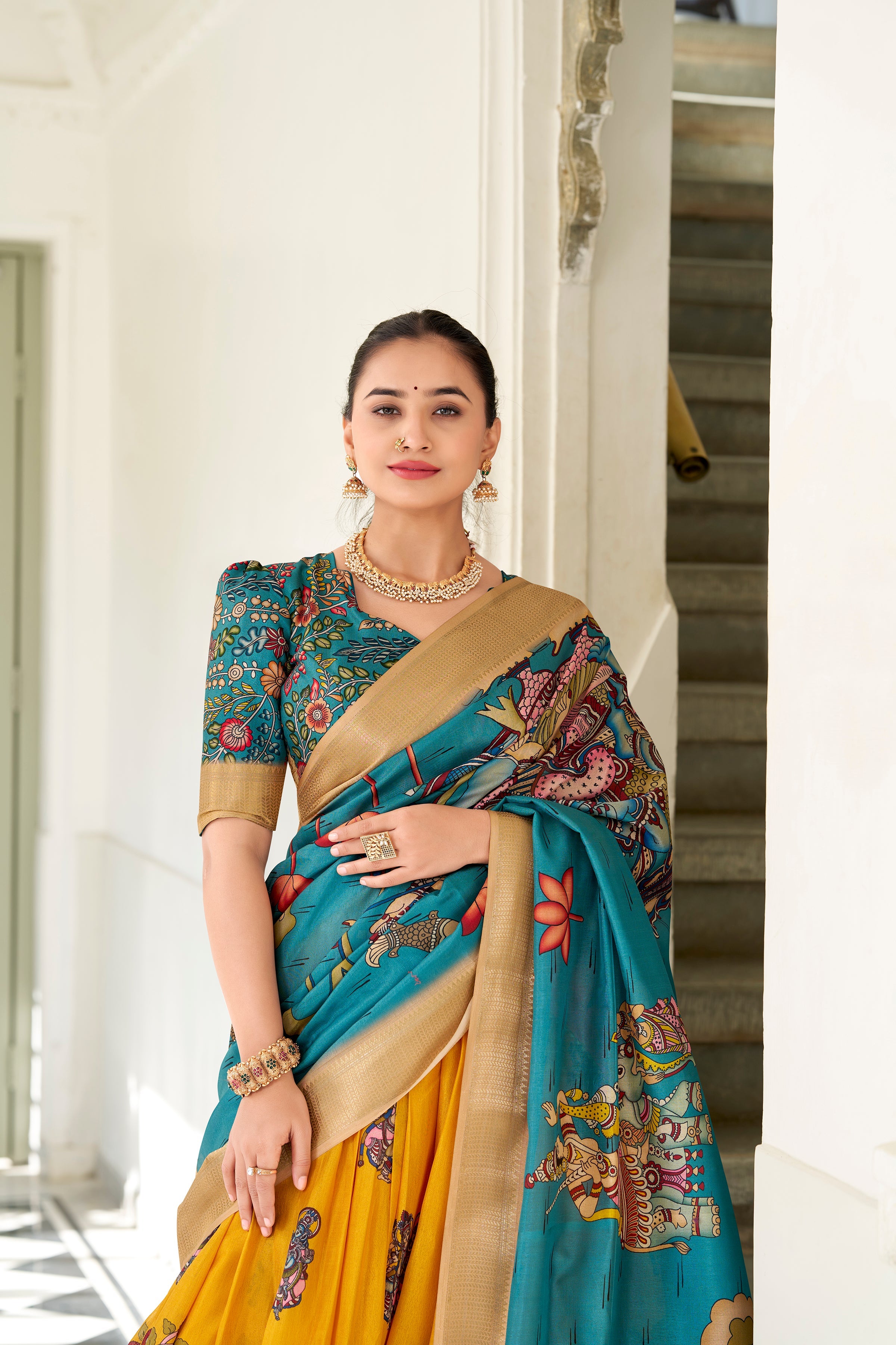 Lorenvalley Yellow Dola Silk Kalamkari Print With Weaving Border Lehenga Choli | Grocsy