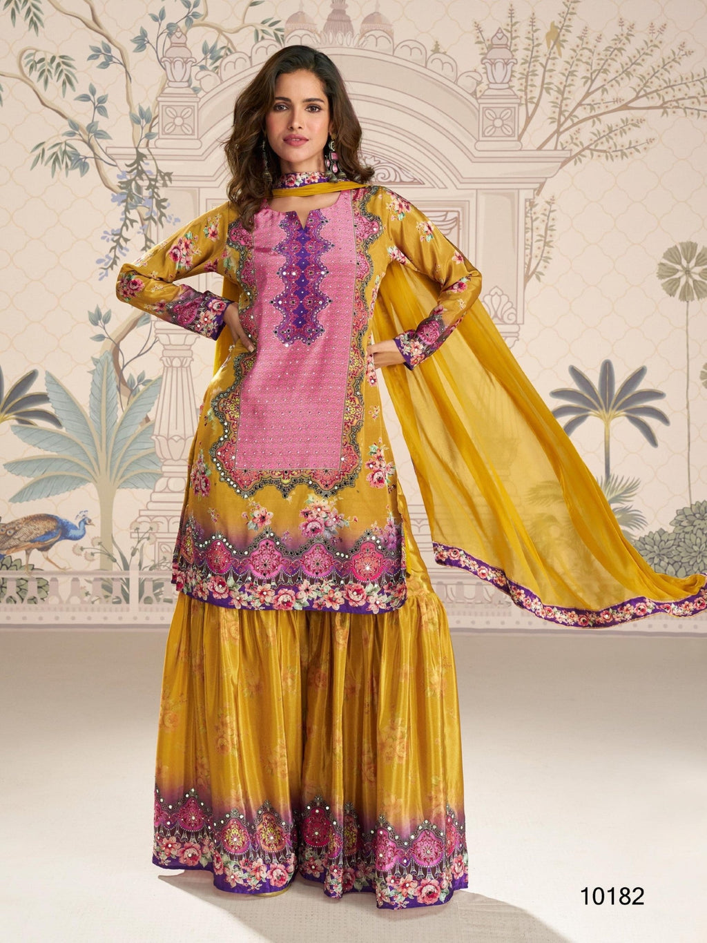 Anaita Yellow Crepe Stitched Sharara Suit With Hand Mirror Work | Grocsy