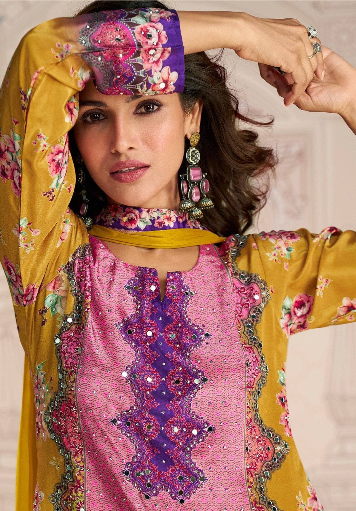 Anaita Yellow Crepe Stitched Sharara Suit With Hand Mirror Work | Grocsy