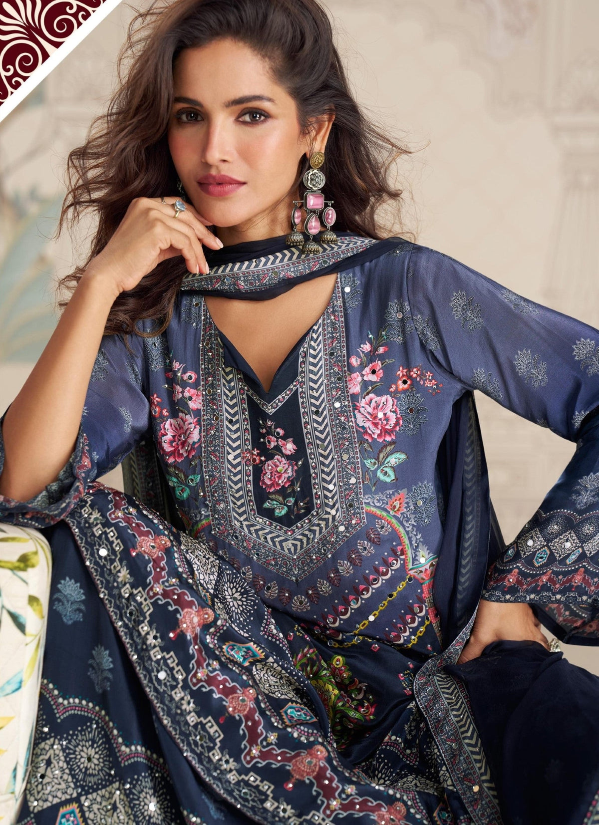Anaita Navy Blue Crepe Stitched Sharara Suit With Hand Mirror Work | Grocsy
