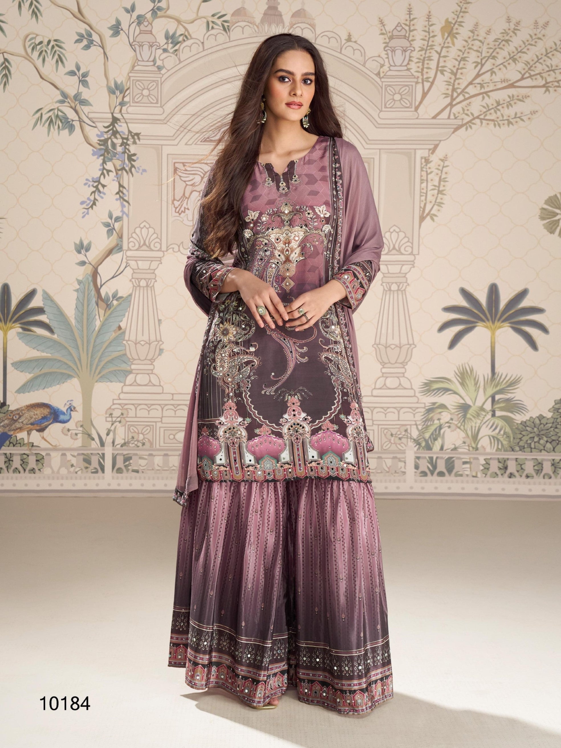 Anaita Purple Crepe Stitched Sharara Suit With Hand Mirror Work | Grocsy