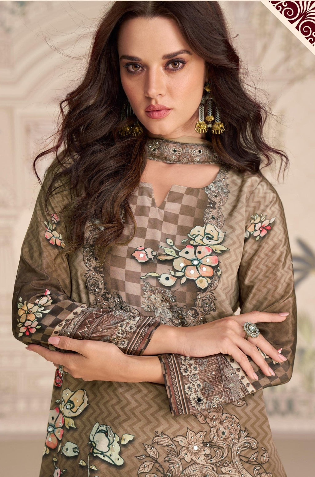 Anaita Brown Crepe Stitched Sharara Suit With Hand Mirror Work | Grocsy