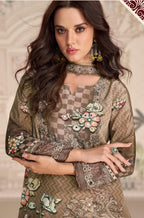 Anaita Brown Crepe Stitched Sharara Suit With Hand Mirror Work | Grocsy
