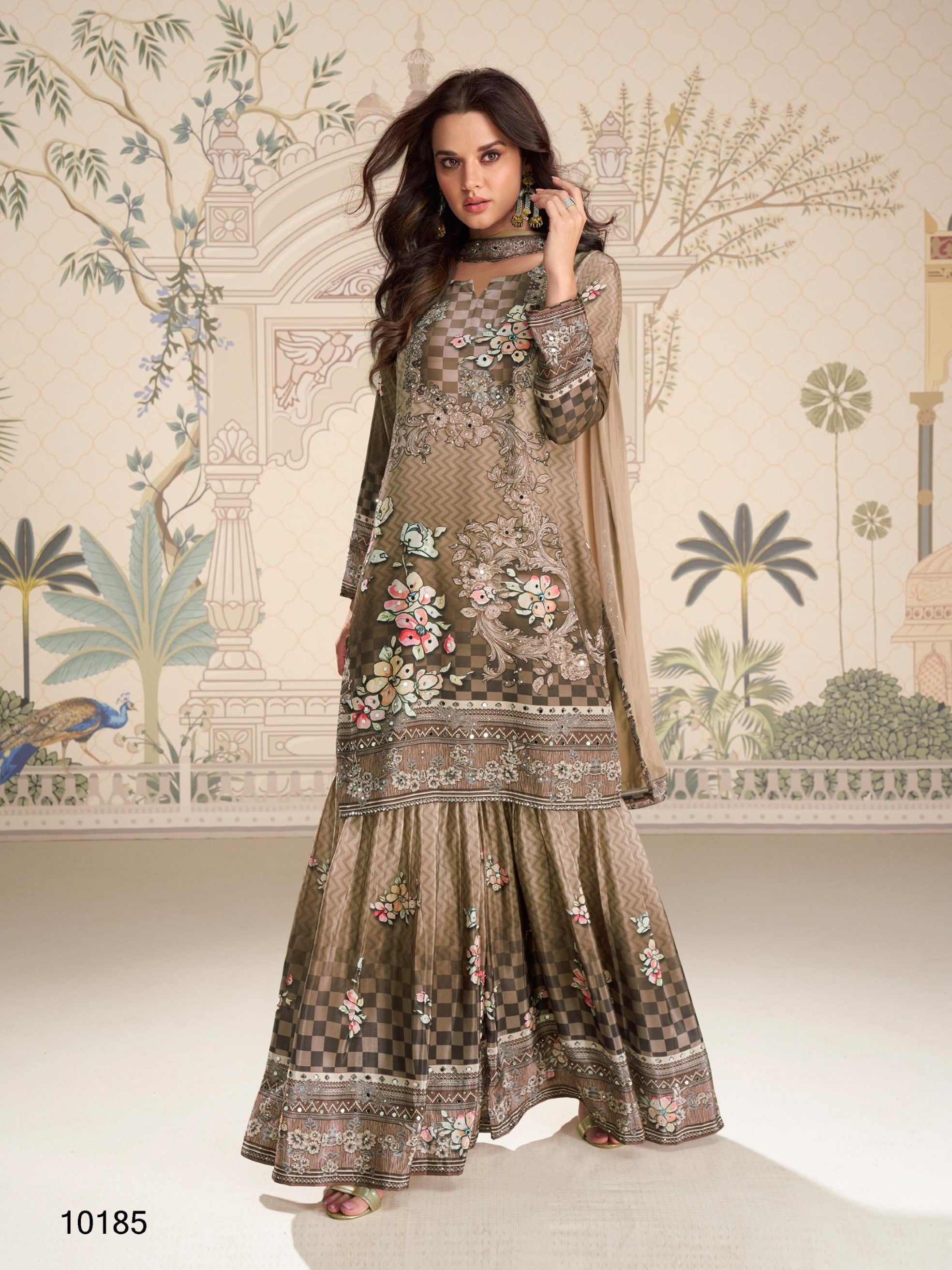 Anaita Brown Crepe Stitched Sharara Suit With Hand Mirror Work | Grocsy