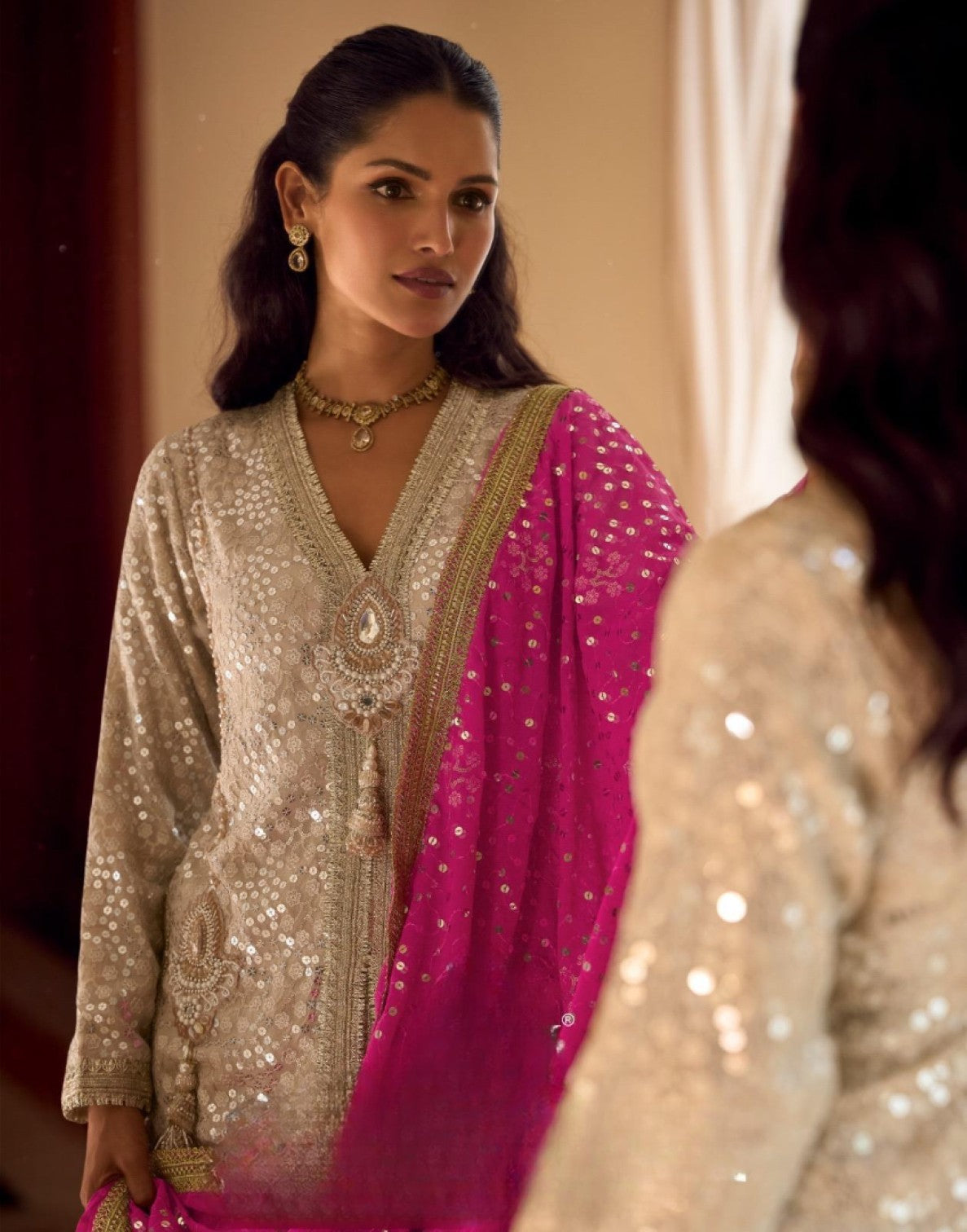 Anaita Cream Georgette Stitched Suit With Embroidery & Beats Work | Grocsy