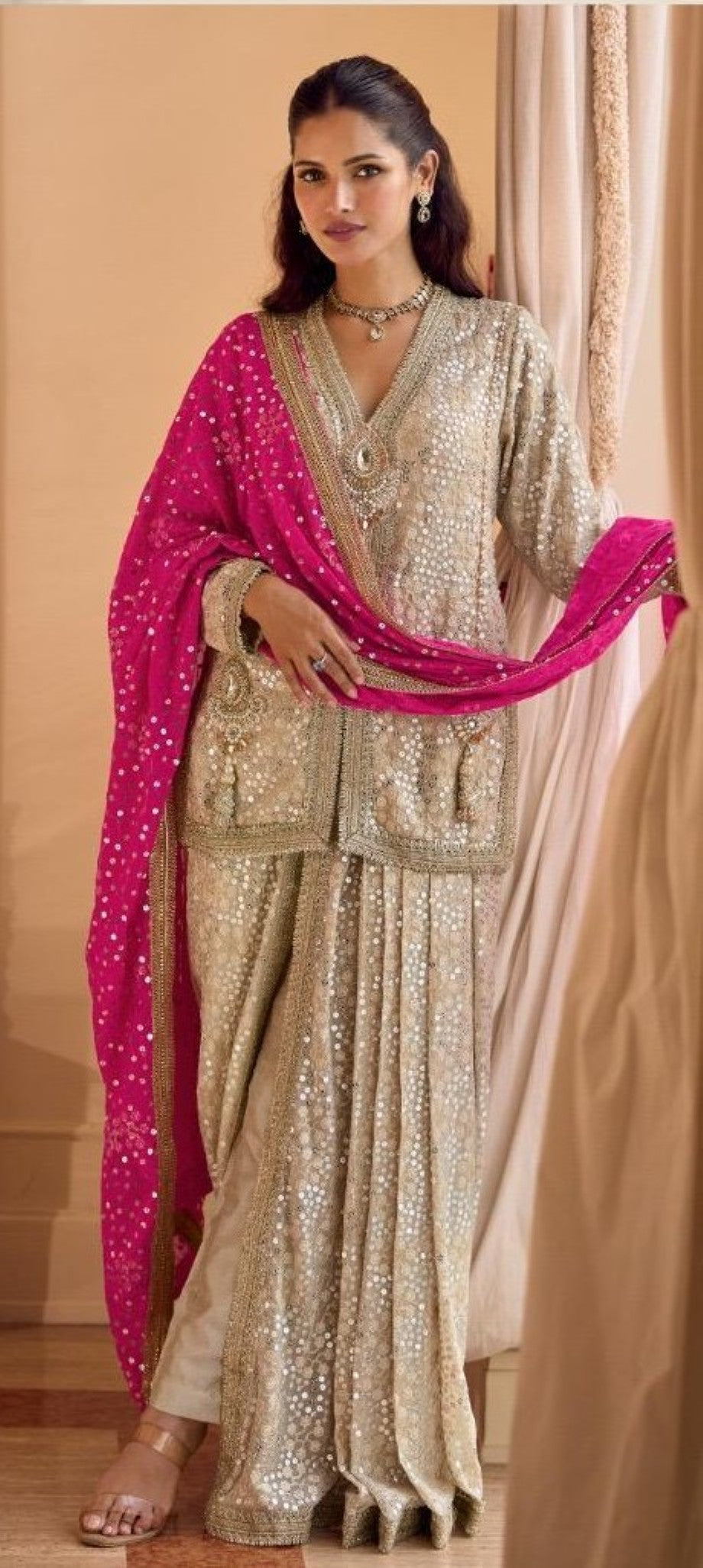 Anaita Cream Georgette Stitched Suit With Embroidery & Beats Work | Grocsy
