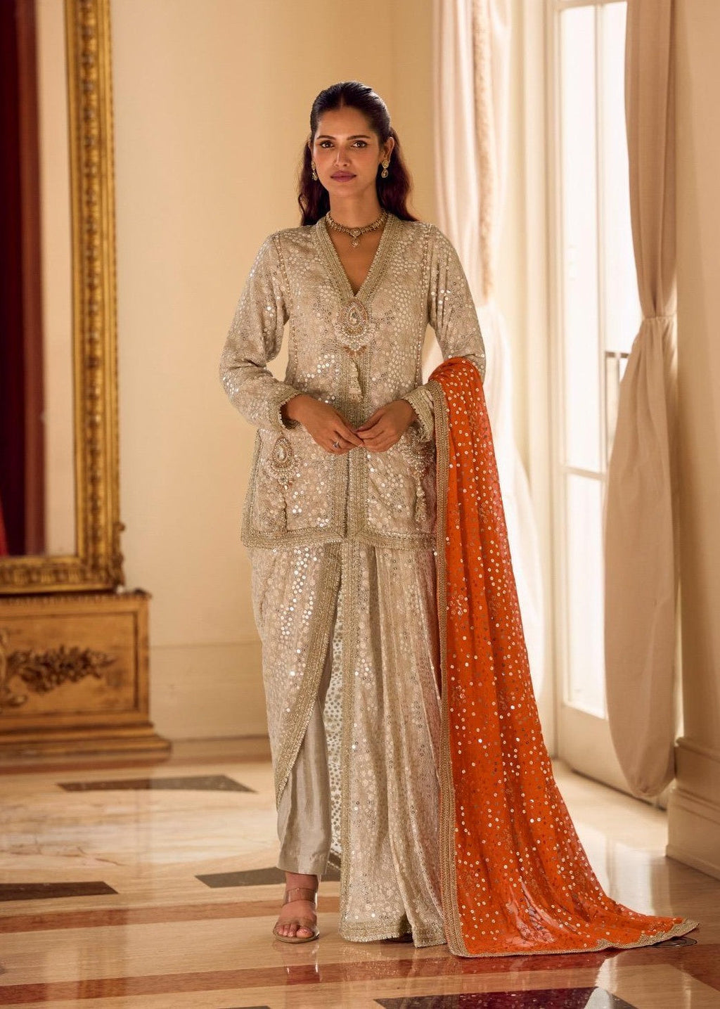 Anaita Cream Georgette Stitched Suit With Embroidery & Beats Work | Grocsy