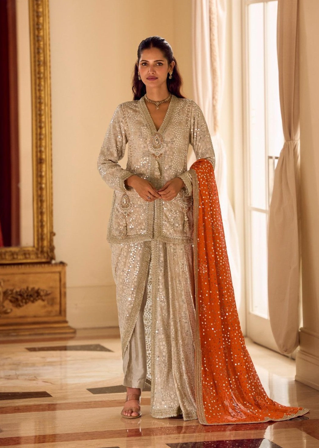 Anaita Cream Georgette Stitched Suit With Embroidery & Beats Work | Grocsy