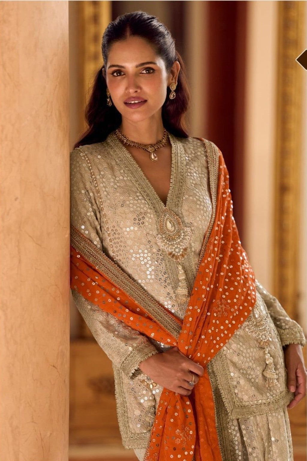 Anaita Cream Georgette Stitched Suit With Embroidery & Beats Work | Grocsy