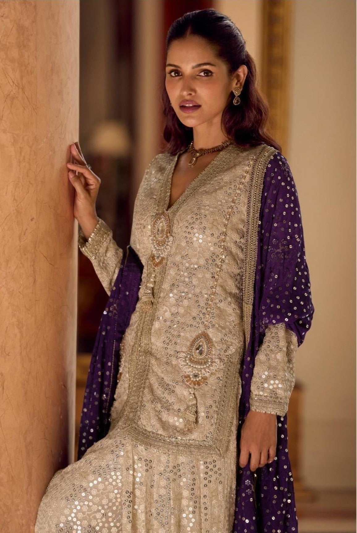Anaita Cream Georgette Stitched Suit With Embroidery & Beats Work | Grocsy
