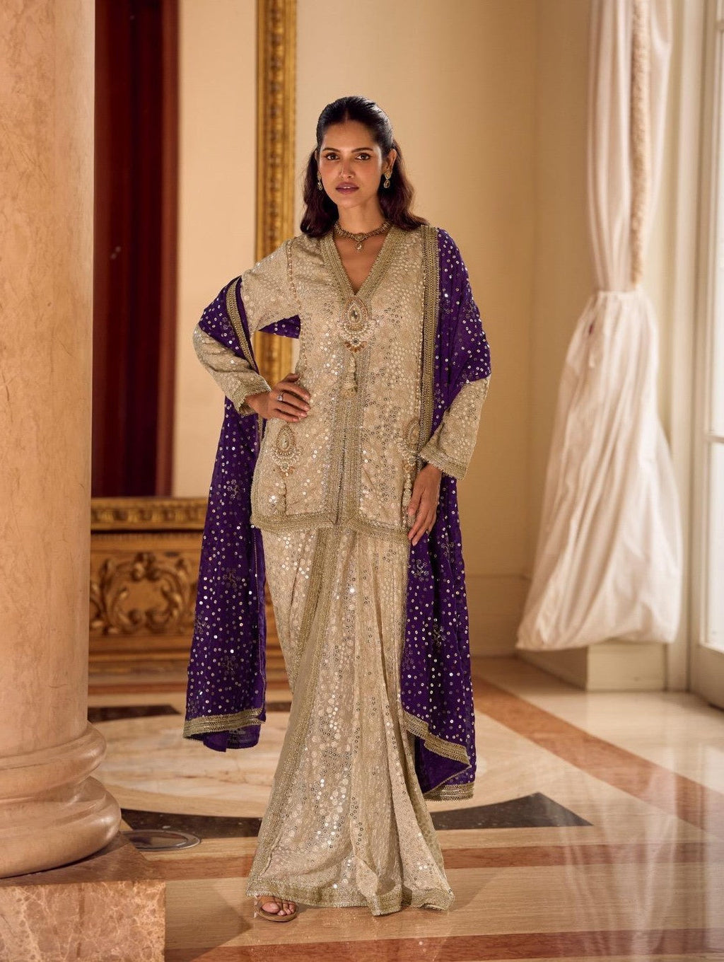 Anaita Cream Georgette Stitched Suit With Embroidery & Beats Work | Grocsy