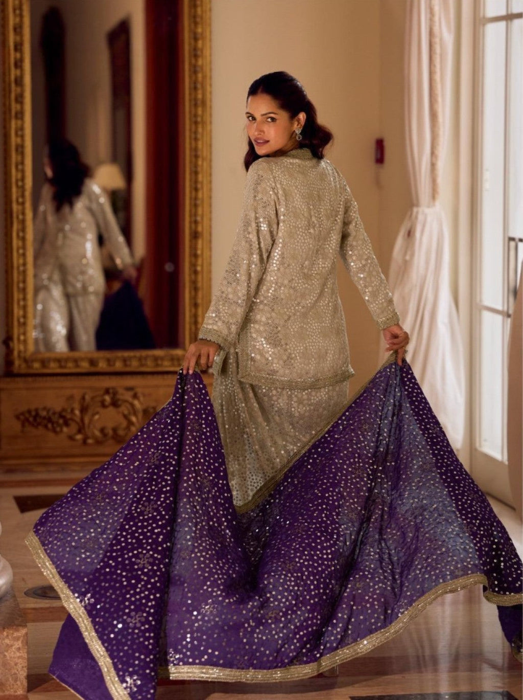 Anaita Cream Georgette Stitched Suit With Embroidery & Beats Work | Grocsy