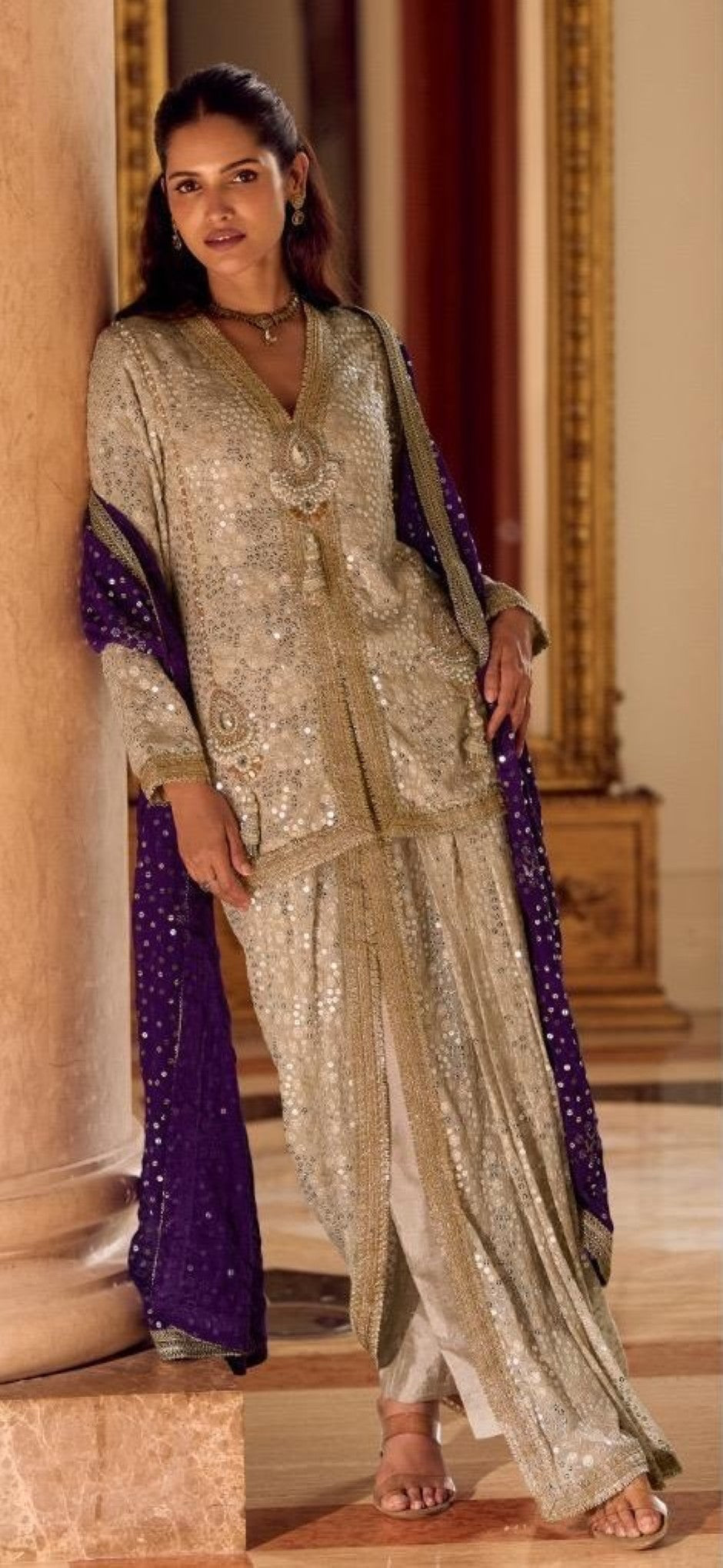 Anaita Cream Georgette Stitched Suit With Embroidery & Beats Work | Grocsy