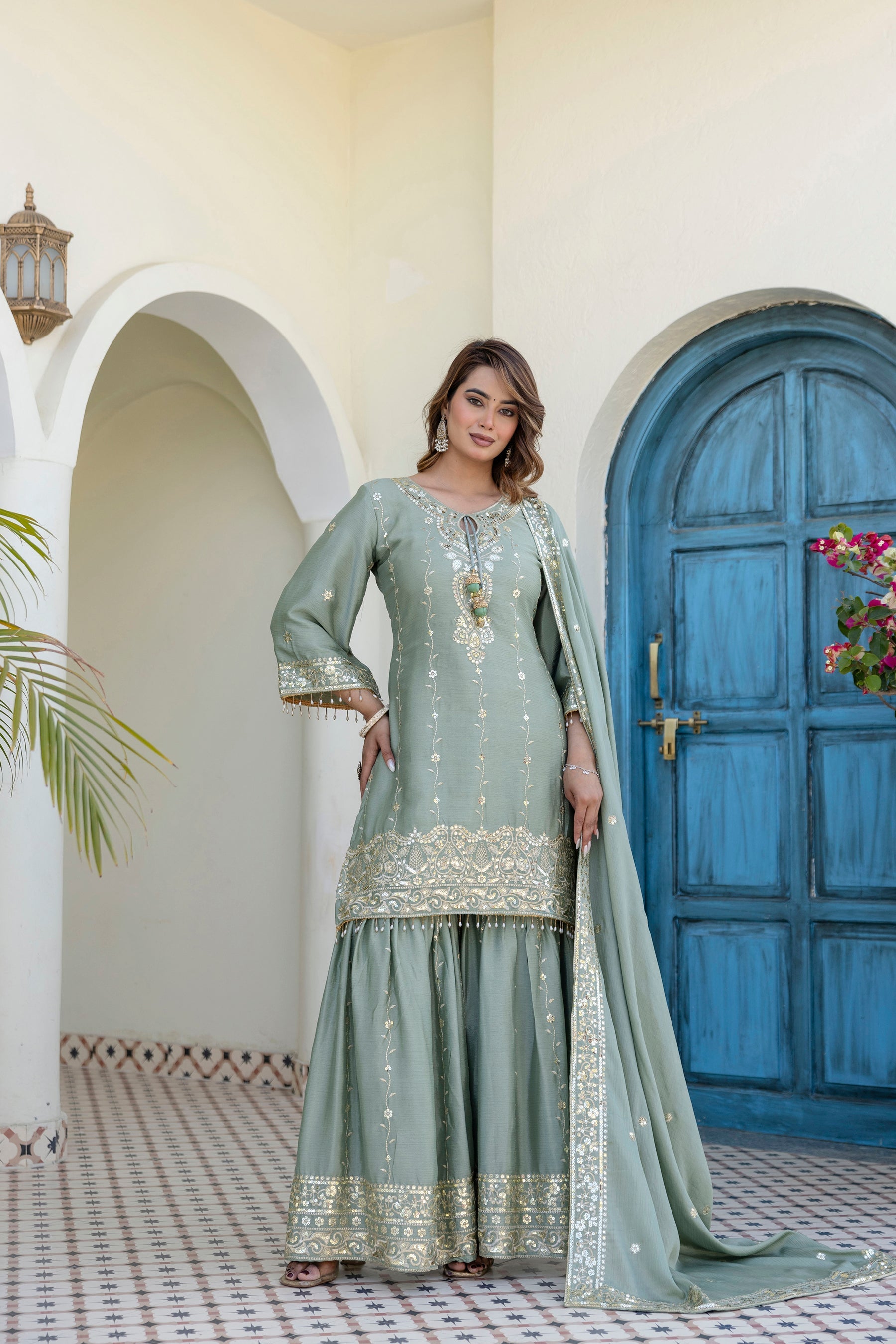 Lorenvalley Fashion Seagreen Chinon Embroidery With 5Mm Sequence Work Kurta Sharara With Dupatta | Grocsy
