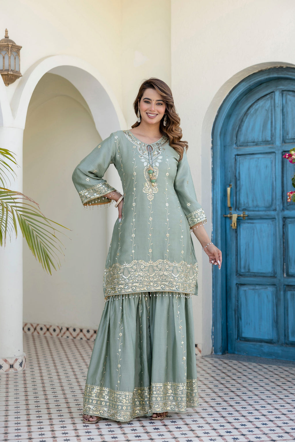 Lorenvalley Fashion Seagreen Chinon Embroidery With 5Mm Sequence Work Kurta Sharara With Dupatta | Grocsy