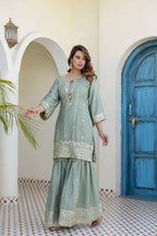 Lorenvalley Fashion Seagreen Chinon Embroidery With 5Mm Sequence Work Kurta Sharara With Dupatta | Grocsy