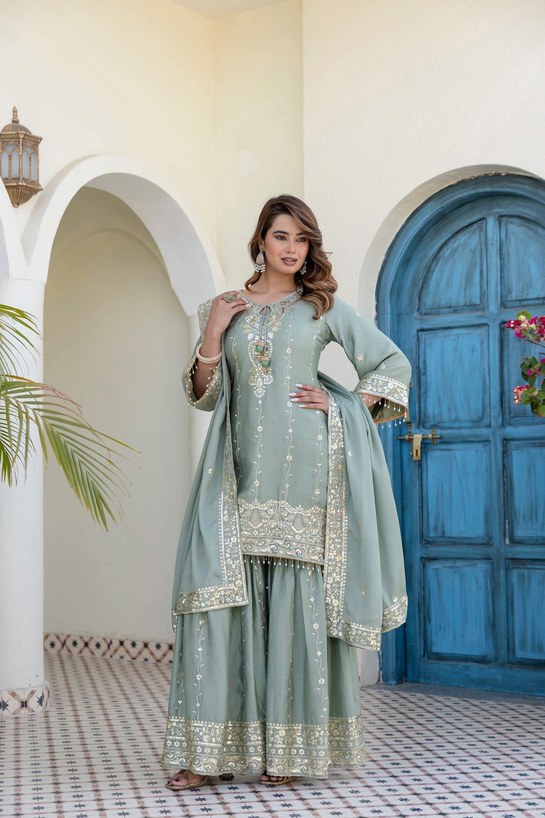 Lorenvalley Fashion Seagreen Chinon Embroidery With 5Mm Sequence Work Kurta Sharara With Dupatta | Grocsy