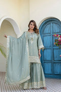 Lorenvalley Fashion Seagreen Chinon Embroidery With 5Mm Sequence Work Kurta Sharara With Dupatta | Grocsy
