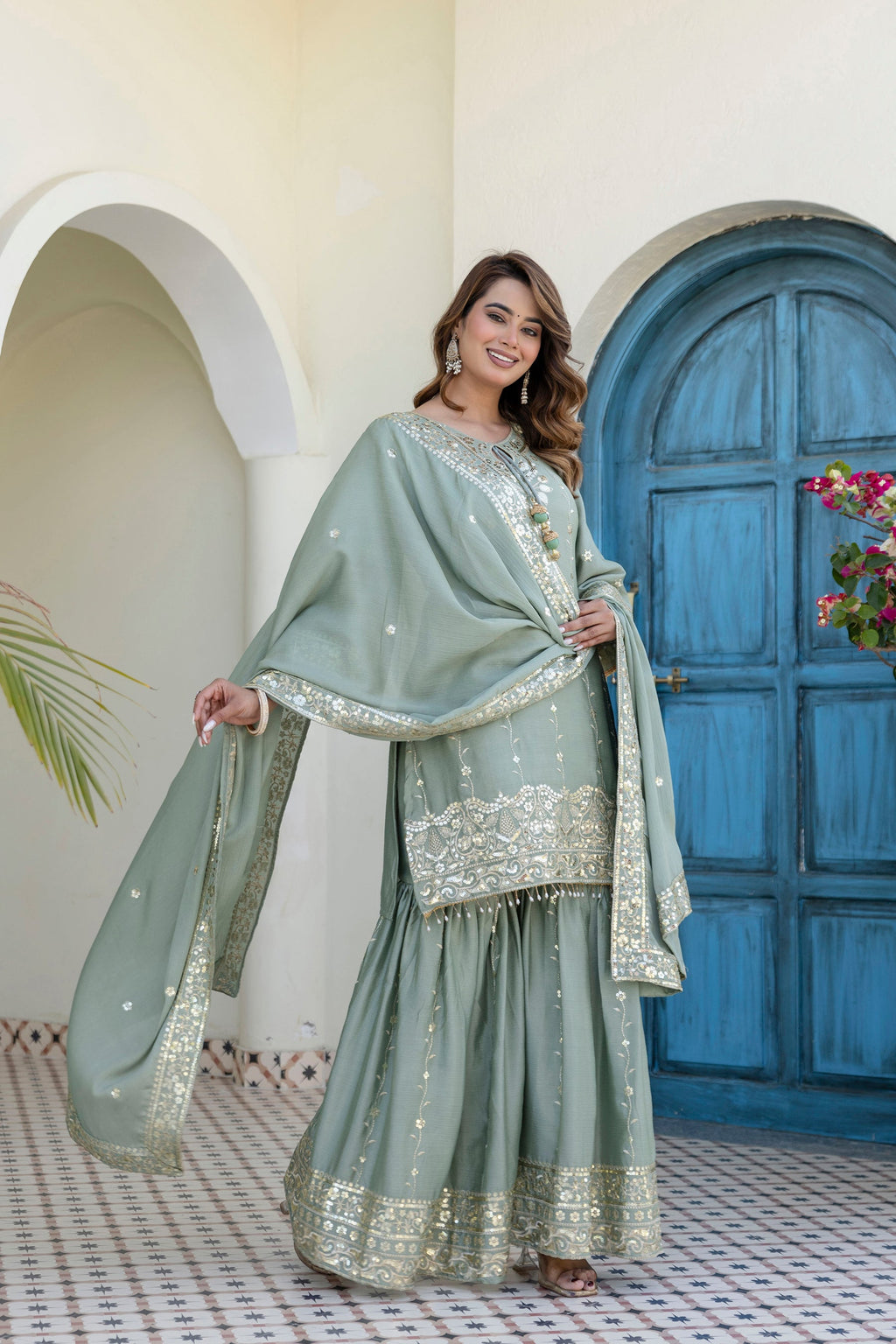 Lorenvalley Fashion Seagreen Chinon Embroidery With 5Mm Sequence Work Kurta Sharara With Dupatta | Grocsy