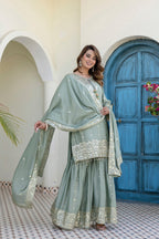 Lorenvalley Fashion Seagreen Chinon Embroidery With 5Mm Sequence Work Kurta Sharara With Dupatta | Grocsy