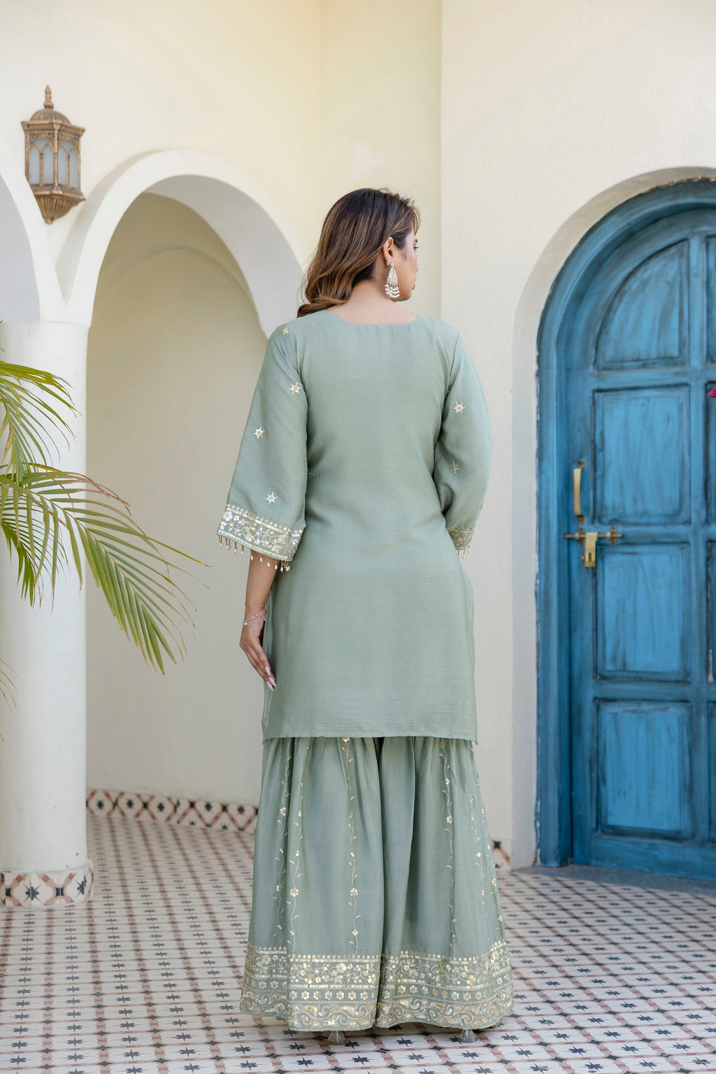 Lorenvalley Fashion Seagreen Chinon Embroidery With 5Mm Sequence Work Kurta Sharara With Dupatta | Grocsy