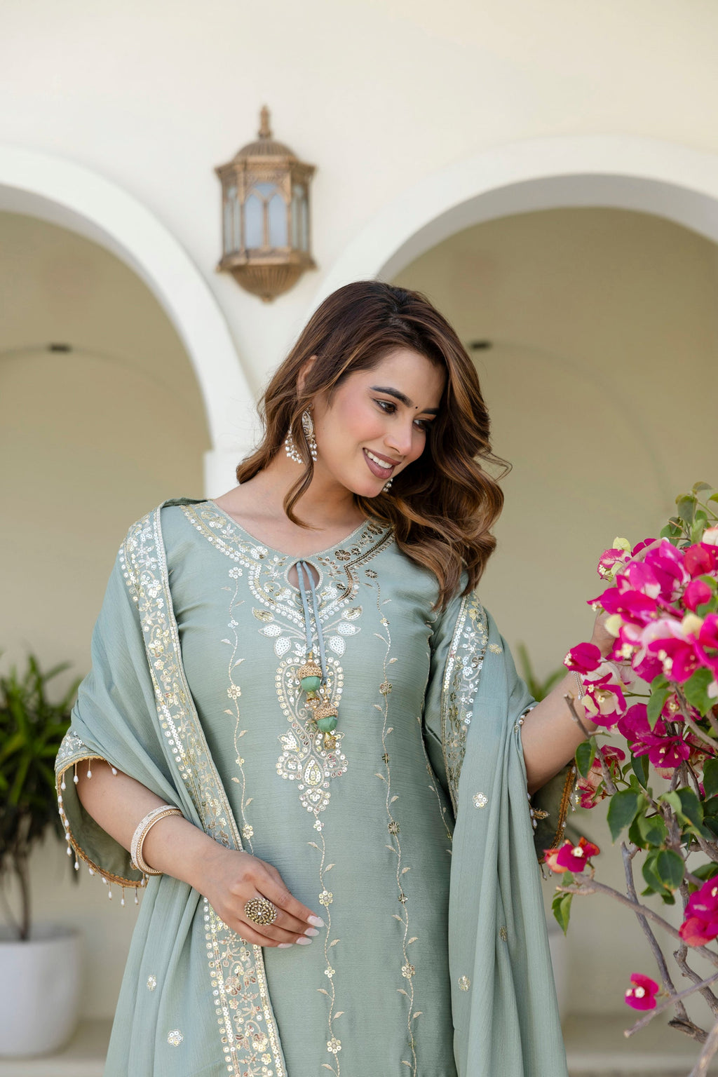 Lorenvalley Fashion Seagreen Chinon Embroidery With 5Mm Sequence Work Kurta Sharara With Dupatta | Grocsy