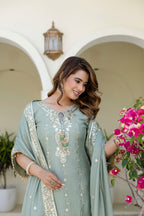 Lorenvalley Fashion Seagreen Chinon Embroidery With 5Mm Sequence Work Kurta Sharara With Dupatta | Grocsy